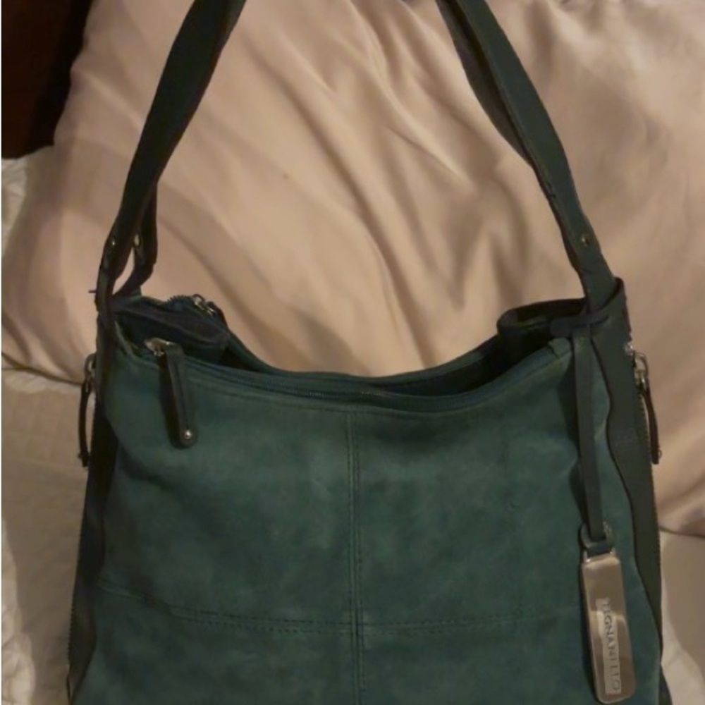 Tignanello Forest Green Suede Shoulder Expandable Bag. Zip Sides Change Size. - Picture 3 of 17